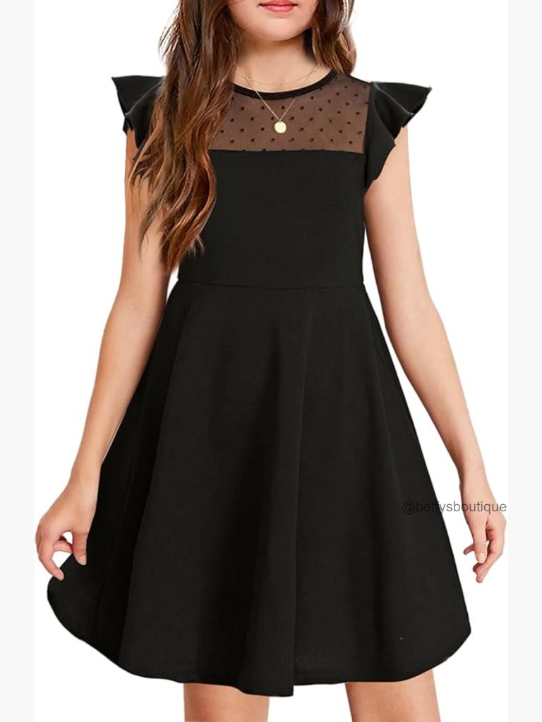 Girls Ruffle Sleeve Mesh A Line Party Dress With Pockets
